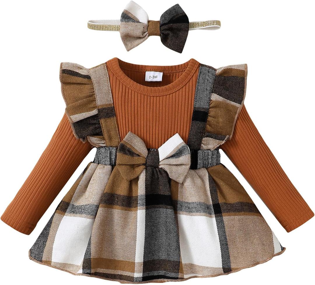Baby Girl Winter Clothes Toddler Girl Spring Outfit Long Sleeve Ruffle Romper Suspender Skirt Headband Set (12-18 Months, Brown)
