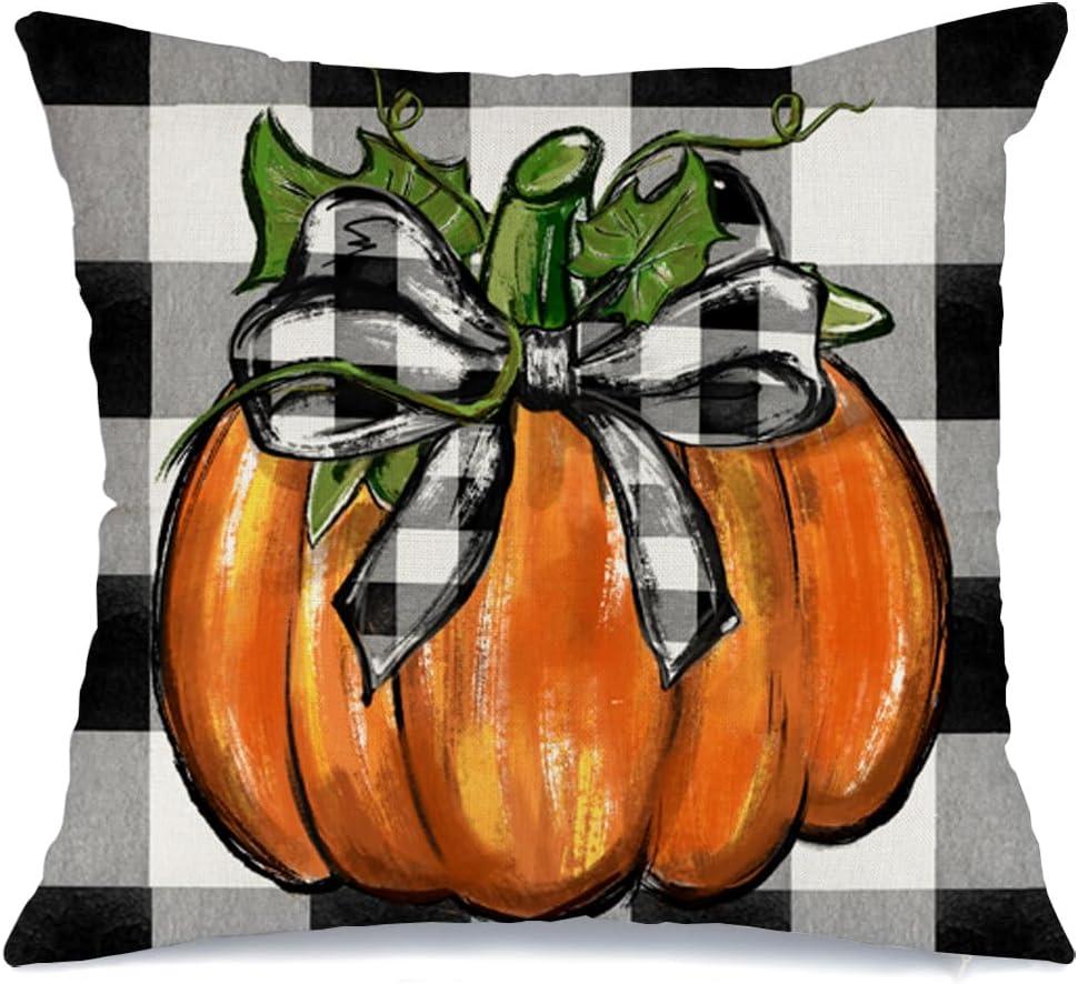 AACORS Fall Pillow Cover 20x20 Inch Buffalo Plaid Pumpkin Bow Decor Autumn Seasonal Pillow Case Thanksgiving Decorations for Sofa Couch AA166-20