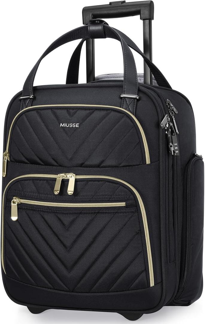 Carry-on Underseat 16-inch Luggage with Wheels, Softside Rolling Carry-on, Lightweight Travel Suitcase for Men Women, Personal Item Rolling Travel Bag (Black)