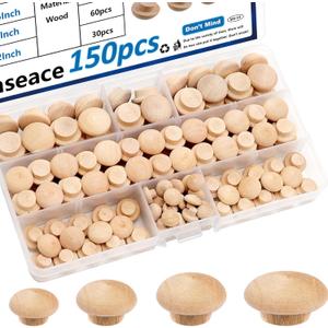 smseace 150Pcs 4-Sizes Button Wood Plugs 3/16" 5/16"3/8"1/2" Wooden Hole Plugs for Holes in Furniture/Table and Chair Legs/Cabinet Reserved Holes/Outdoor Equipment Wood Plugs Assortment Kit