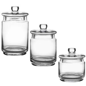 WHOLE HOUSEWARES Glass Apothecary Jars with Lids - Set of 3 for Bathroom Storage, Qtip & Cotton Swab Holder - Perfect for Laundry Room & Makeup Desk Organization, Clear Glass Container Set (4.5 Inch)