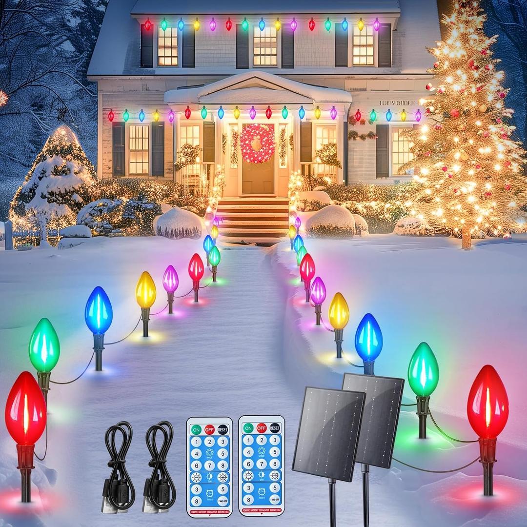 Minetom 2 Pack Solar Double C9 Christmas Pathway Lights Outdoor -Total 32FT 20 LED C9 Christmas Lights Outdoor with Timer,8 Modes, Solar Christmas Outdoor Decorations for Lawn Outside Yard, Multicolor