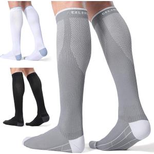 CelerSport 3 Pairs Compression Socks for Men and Women 20-30 mmHg Running Support Socks (XX-Large, Black + White + Grey)