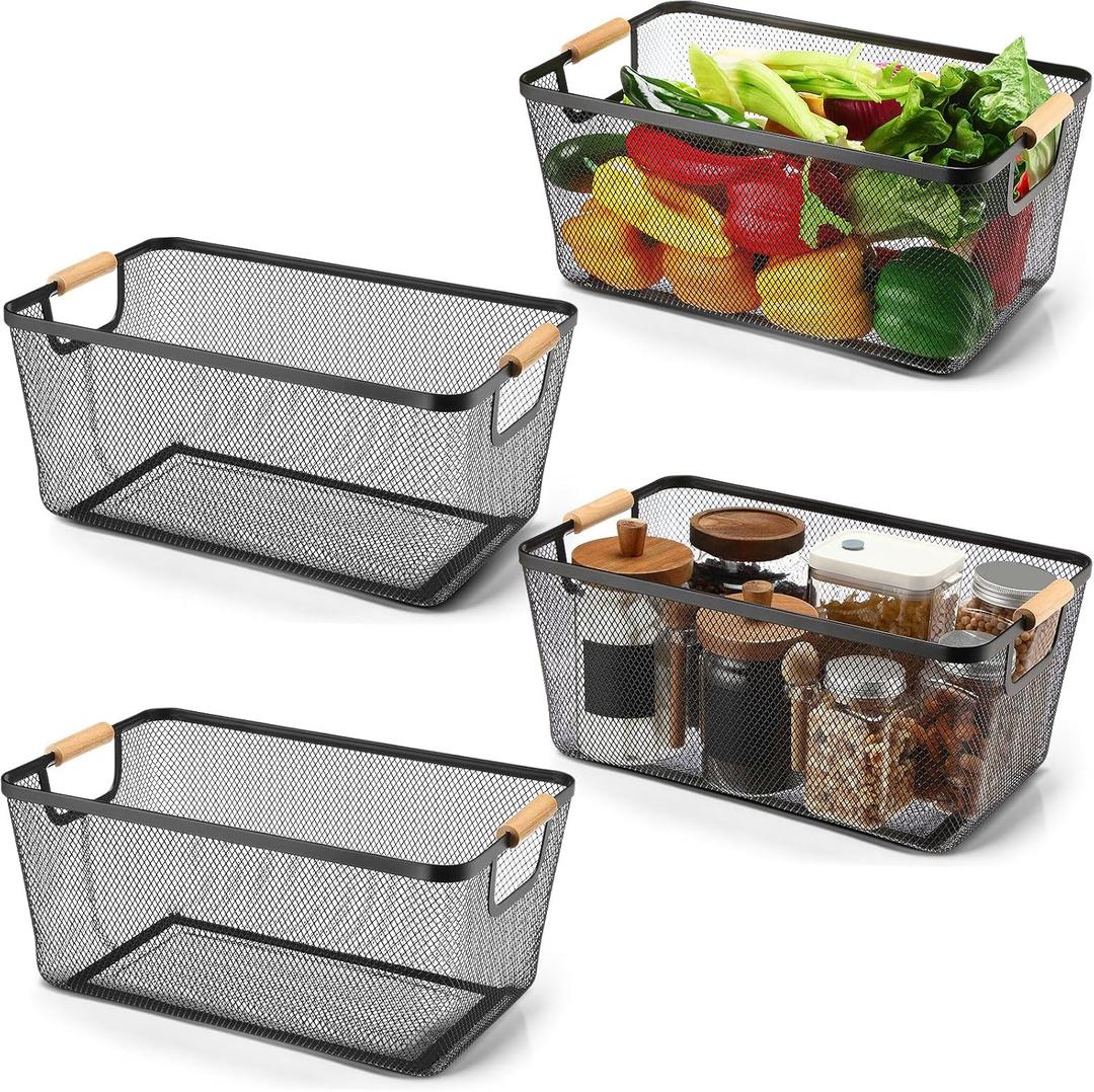 Ziliny 4 Pcs Metal Wire Basket with Wooden Handles Mesh Steel Storage Organizer Bin Containers for Home Cabinet Pantry Closet Kitchen Fridge Fruit Makeup Snacks Gifts (Extra Large, Black)