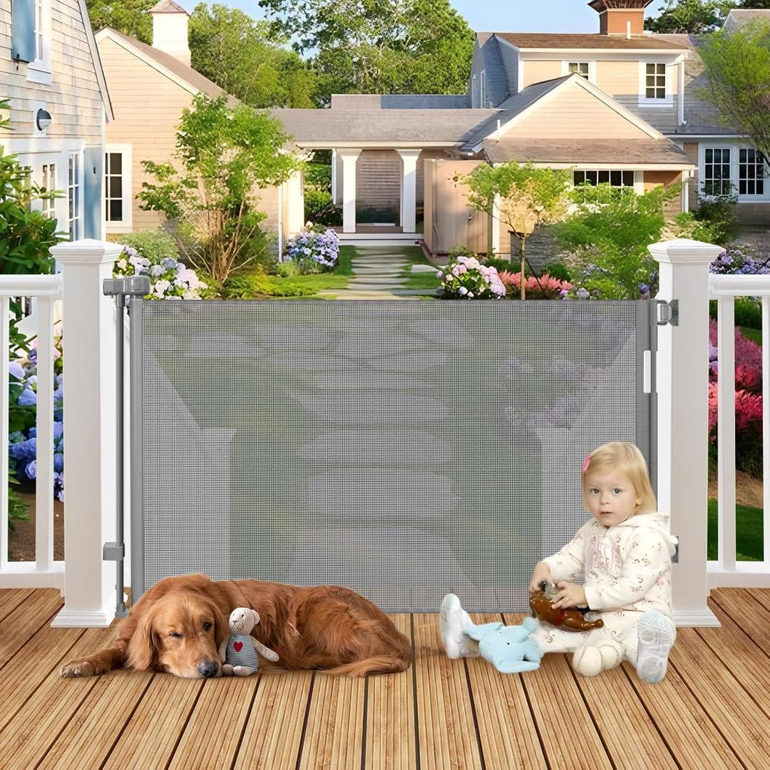 Weatherproof Outdoor Retractable Dog Gates for Decks with No Rust Screws and Rods, 72" Wide Waterproof Outdoor pet gate, 6 ft Scratch-Resistant Mesh Retractable Baby Gates for Parents and Pet Owners