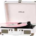 Record Player 3 Speeds Turntable with Bluetooth Built-in Battery Stereo Speakers Vintage Record Player Belt Driven Portable Suitcase PC Recording White