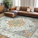 RELEANY Area Rugs 8'x10' Washable Non-Slip, Floral Vintage Distress Print Pattern Medallion Carpet for Living Room Bedroom Dining Room, Light Yellow Carbon Grey Orange