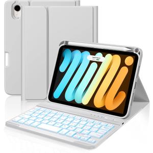 Cousper for iPad mini 7 Keyboard Case A17 Pro 2024/iPad Mini 6 Generation Case with Keyboard 2021 8.3 Inch, Pencil Holder, 7 Color Backlit Detachable Keyboard Cover for iPad mini 7th/6th Gen,Grey