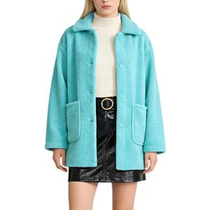 Women's Faux Wool Coat Long Winter Jacket with Pockets, Long Sleeve Lapel Coat, Soft Fluffy Outerwear for Women (Light Blue, XX-Large)
