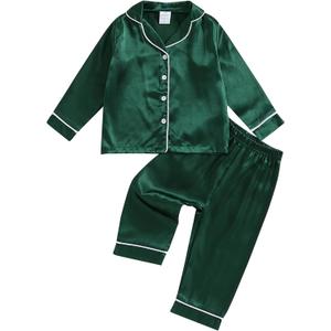 Multitrust Baby Girls Boys Silk Pajamas Set Solid Long Sleeve Button Down Shirts Tops and Pants Infant Satin Pj Lounge Sets (6-7 Years, Green)