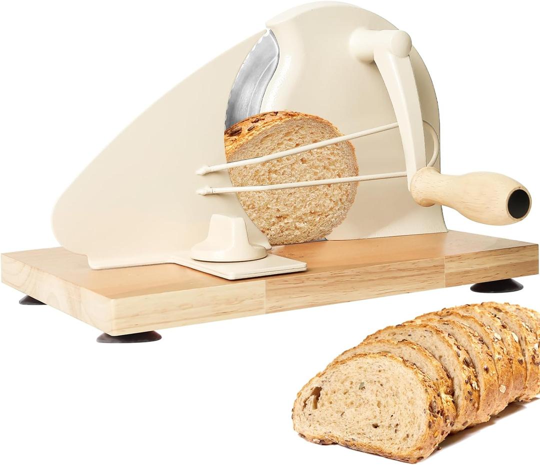 Manual Bread Slicer for Homemade Bread,Even Slicing Thickness-Adjustable Slices,Sourdough Slicer with Scale Lines&SuperStrong SuctionCup Fixation (Cream-Guide) (White)