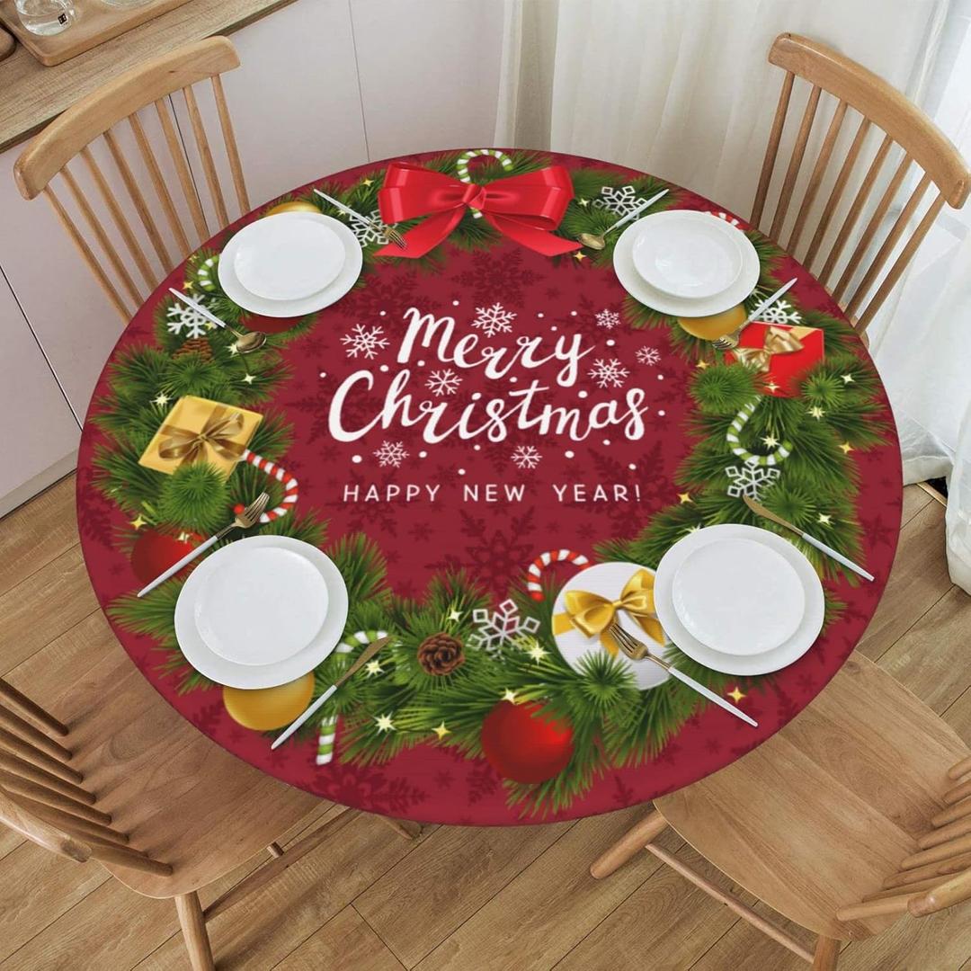 KUOAICY Merry Christmas Garland Round Fitted Tablecloth with Elastic Edged Decorative Kitchen Dining Table Cloth Cover Fits 45-50" Round Table (45-50)