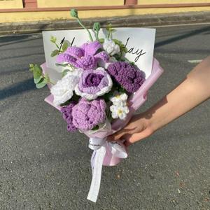 Completed Crochet Flowers Bouquet, Handmade Knitted Bouquet, Crochet Artificial Flowers for Mother's Day Birthday, Wedding Home Decor, Gifts for Mom (Purple Tulip)