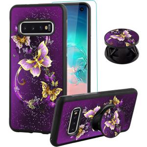 SAKUULO for Samsung Galaxy S10 Case, [Screen Protector + Kickstand] Purple Butterfly Design,Tire Texture Anti-Slip Shockproof Thin Protective Case for Samsung Galaxy S10 6.1 Inch (2019)