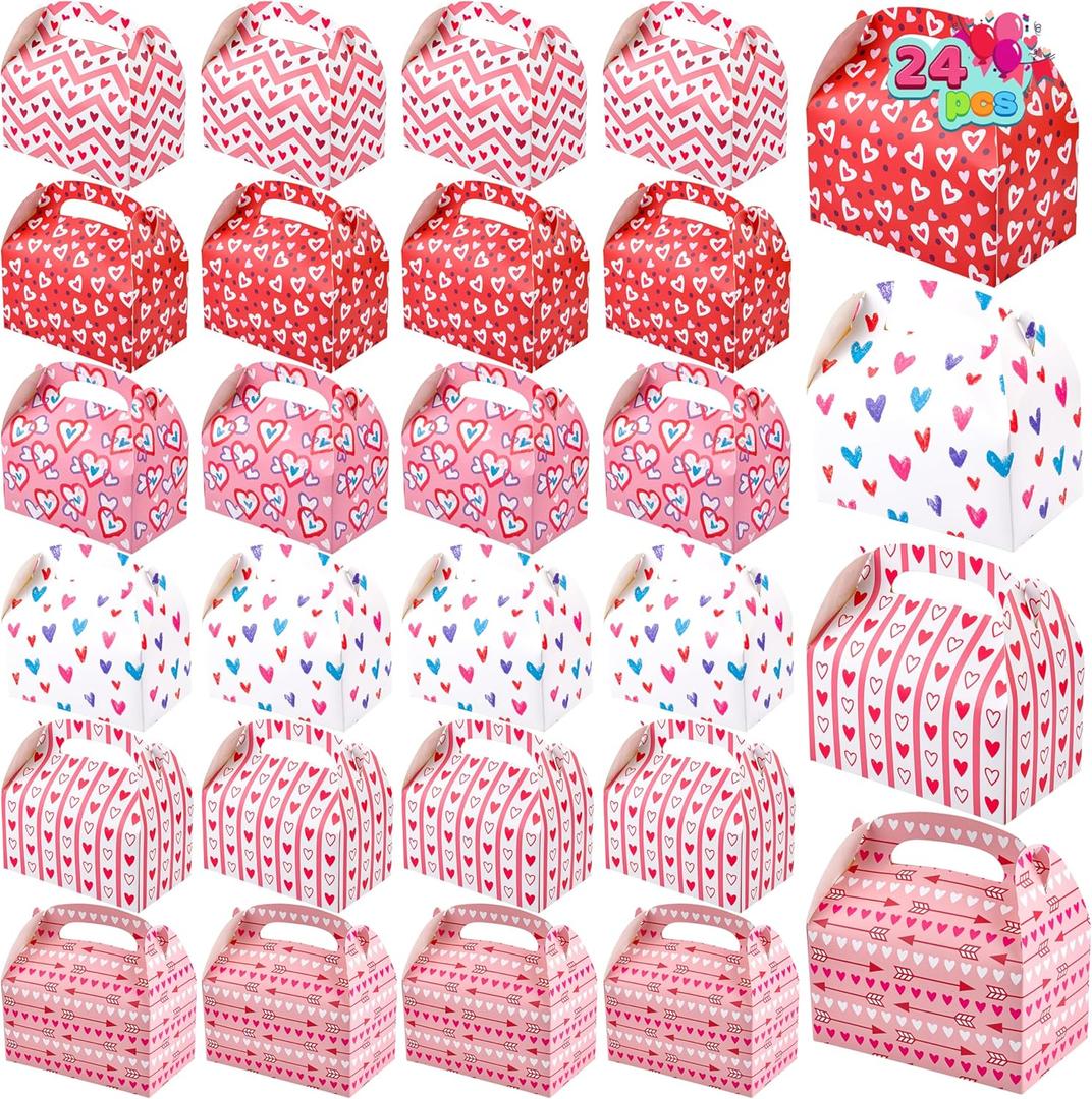 JOYIN 24 Pcs Valentines Day Gift Treat Boxes, Cookie Boxes with Colorful Heart shaped Themed Design for Kids Party Favor, Classroom Exchange Prizes, Valentines Candy Boxes (red)