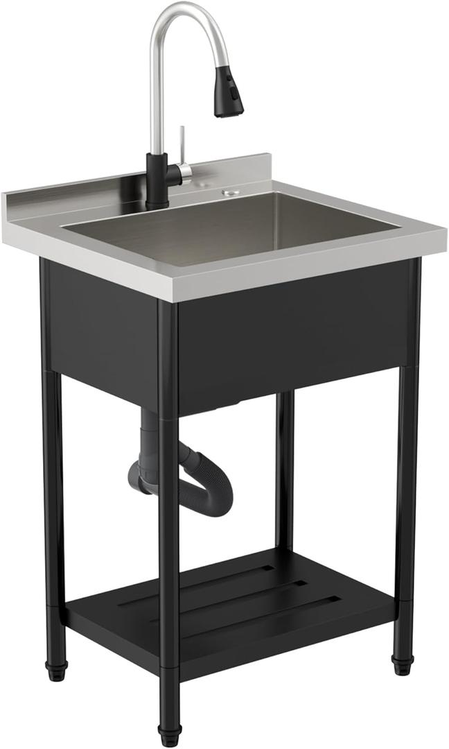 Sarlai Freestanding Utility Sink Stainless Steel Commercial Restaurant Kitchen Sink Outdoor Sinks Single Bowl Laundry Utility Kitchen Sinks With Faucet for Garage Outdoor Indoor Basin (24"x21", Gunmetal Black)