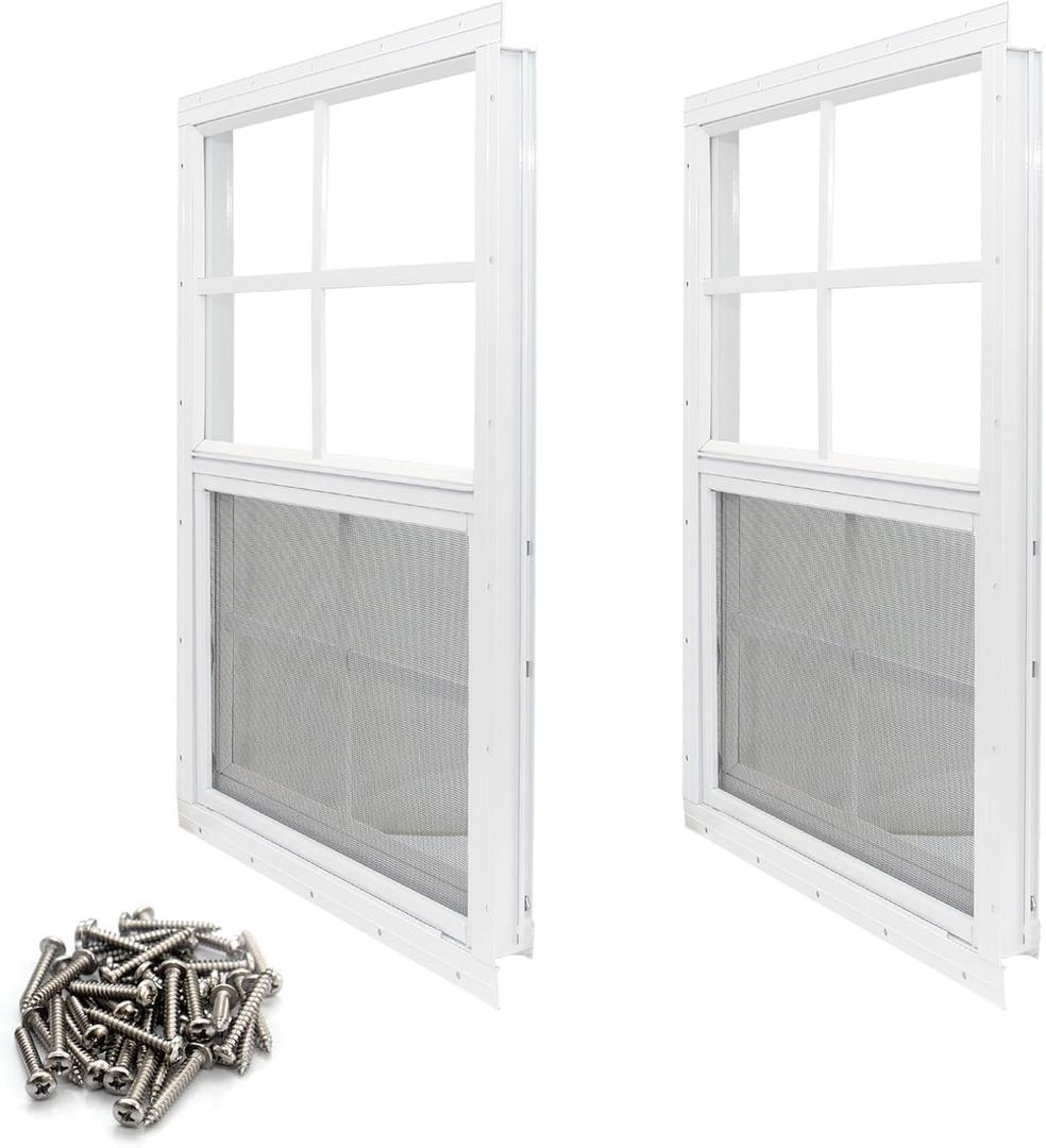 NeatiEase 2 Pack Shed Window, 14" x 21" Flush Mount Window with Tempered Glass and Fiberglass Screen for Shed, Chicken Coop, Playhouse, Household, Garage (White)
