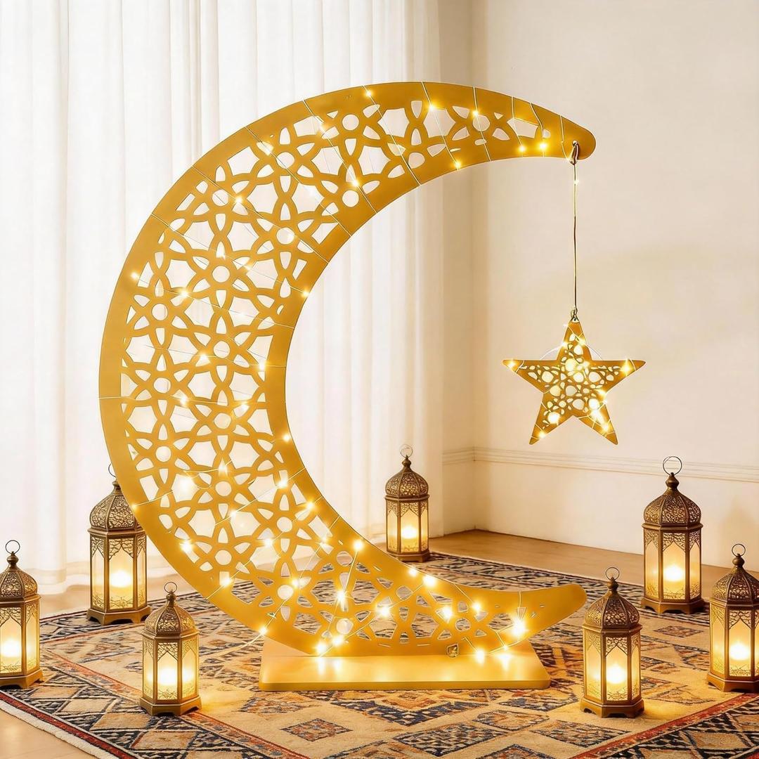 26 x 24 inch Ramadan Crescent Moon Decor, Eid Crafts Light Ramadan Moon Lamp Table Decor with LED Star Eid Ornament Gift for Home, Table, Party Mubarak Eid Decor