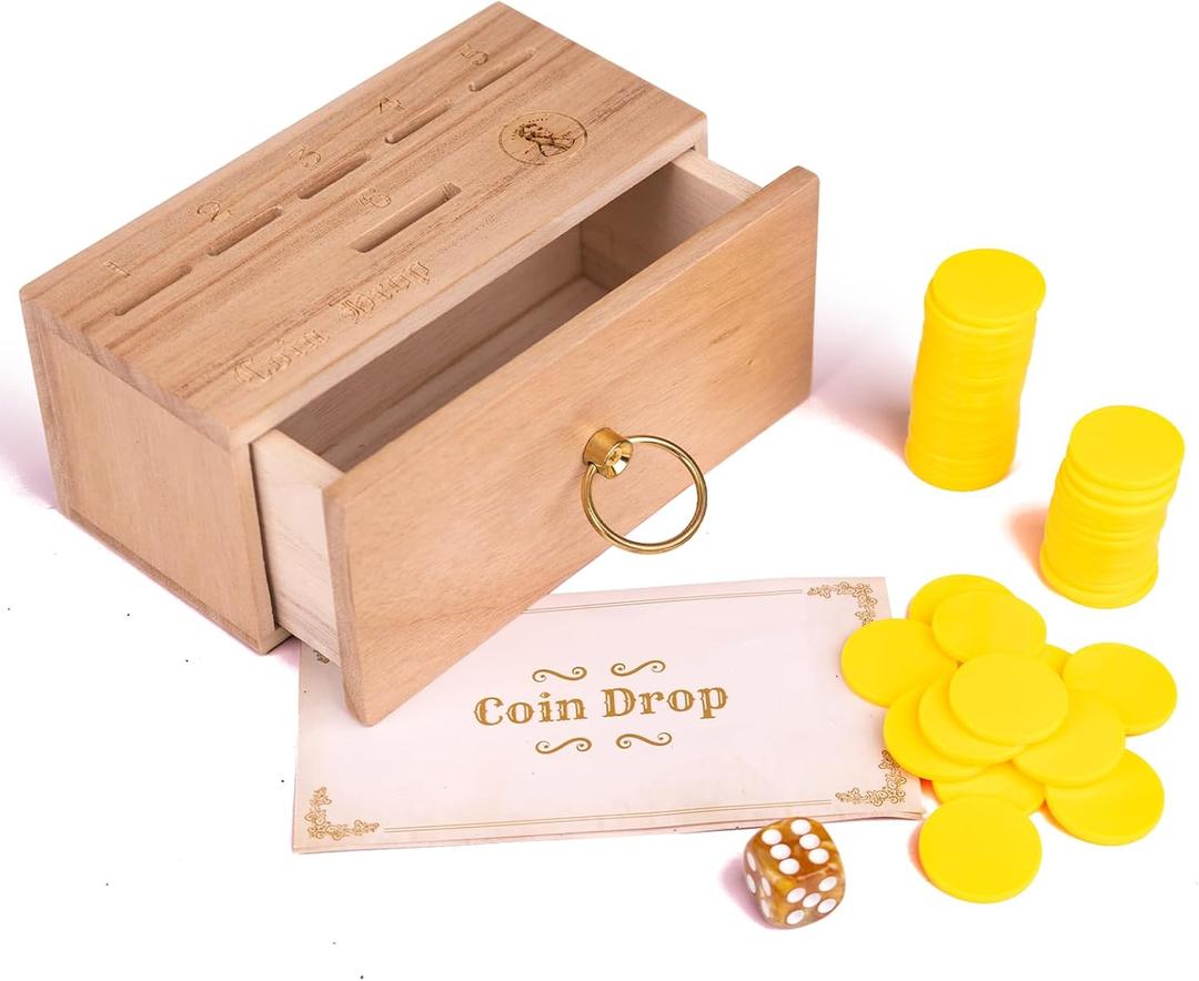 Wooden Coin Drop Game,Drawer Design,Penny Game with Dice and Plastic Coins,Classic Board Games