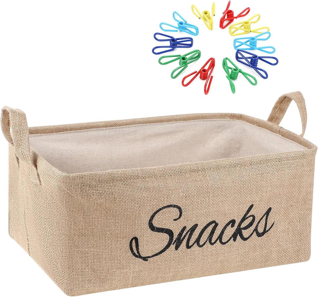 Newtay 17 Pcs Snack Basket Sets, Snack Storage Bin for Pantry Shelves with 16 Pcs 2 Inch Chip Clips, Basket Organizer for Kitchen Home, Chips, Popcorn, Candy, Pretzels(Burlap,Khaki)