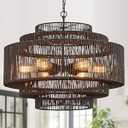 Hand-Woven Rattan Chandelier Large Boho Chandelier Living Room 25.6in Coastal 6-Light Farmhouse Vintage Wicker Bamboo Chandeliers for Bedroom Dining Room Stairway (Golden-D)
