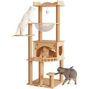 KVIDA Solid Pine Wood Cat Tree for Indoor Cats, 56.7 Tall Modern Cat Tower with Clear Acrylic Hammock & Condo House, Heavy Duty Wooden Cat Tree for Large Cats with Sisal Scratching Posts