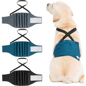 3 Pack Avont Male Dog Belly Band with Suspenders, Reusable Boy Doggie Diaper with Harness, Escape Proof, Non-Slip, Washable Doggy Pee Wraps for Small Medium Large Dogs (XS, Black/ Dark Grey/ Navy Blue)