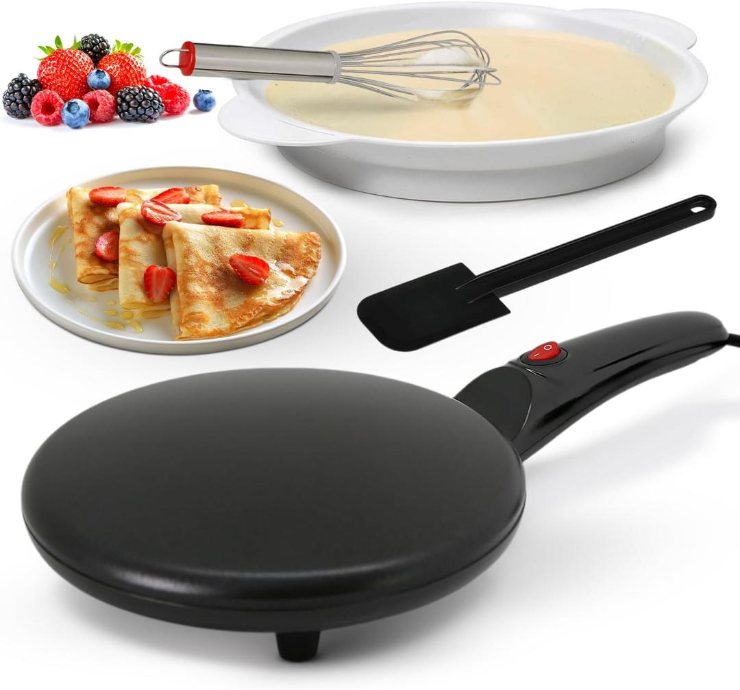 Nutrichef Electric Crepe Maker | 8-inch Nonstick Cooktop with On/Off Switch | Cooks Roti, Tortillas & Pancakes | Automatic Temperature Control & Cool Touch Handle | Includes Food Bowl, Whisk & Spatula (Dark Black)