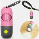 Dog Poop Bag Dispenser with LED Light, Green Plastic Capsule, Waterproof, 2 Pack with Waste Bags and Carabiner Clip (Pink Cyan)