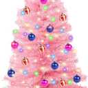 3Ft Christmas Tree with Lights, Table Christmas Tree with 50 LED 12 Modes, 3D Star, 15 Hanging Ball Ornaments, Small Prelit Xmas Tree for Tabletop, Home and Office (Pink)