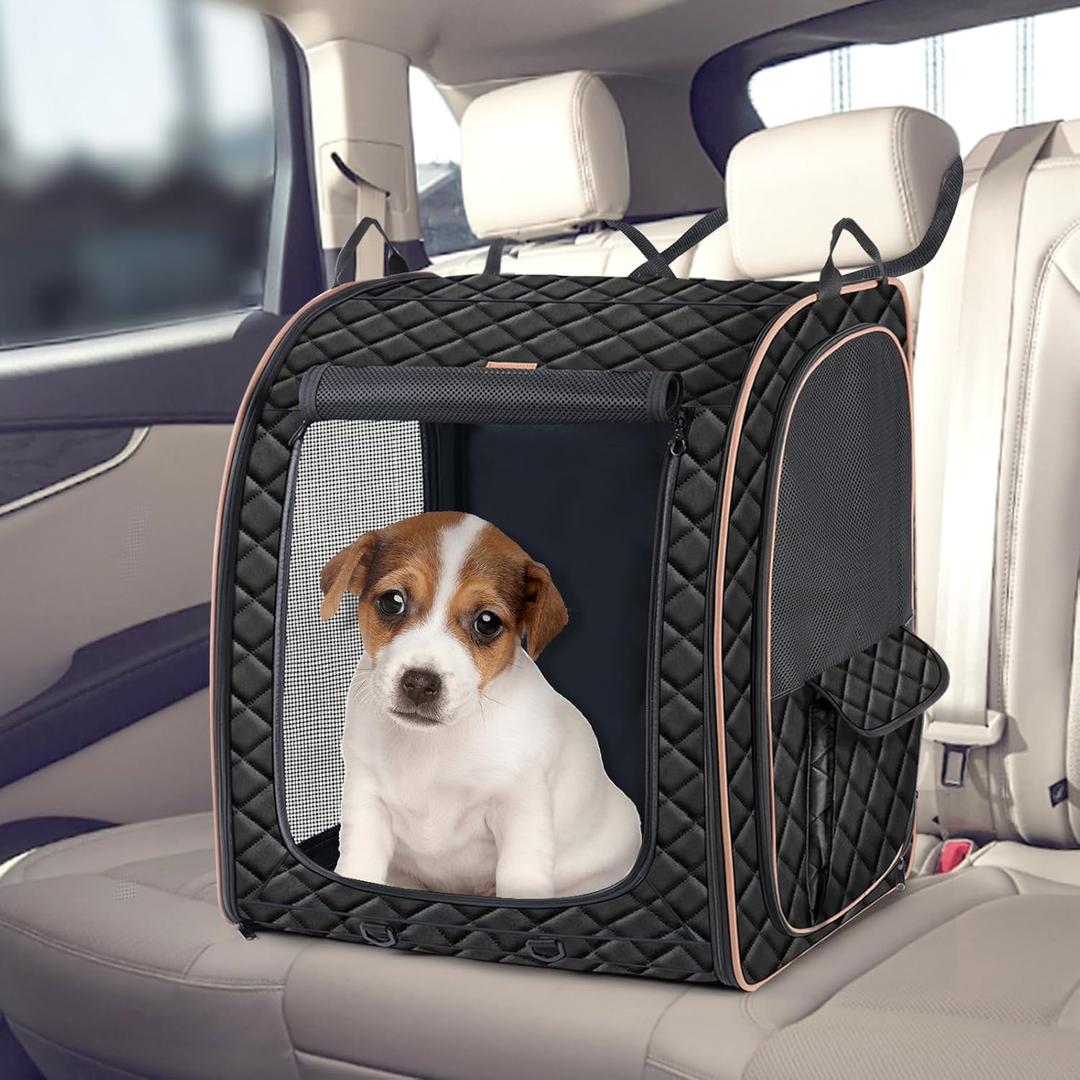 Pet Carrier & Car Seat, 20 Inch 3-Door Portable Soft-Sided Folding Travel Crate Kennel for Dogs and Cats,Collapsible Hard Bottom Back Seat Extender Travel Cage Blanket for Small Dogs, Black