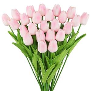Fake Tulips Artificial Flowers with Stems - 24pcs Latex Real Touch Faux Tulips Arrangement Bouquet for Home Kitchen Wedding Decorations (Pink)