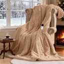 Heated Electric Blanket Throw: 6-Level Fast Heating, 4-Hour Auto-Off, Soft&Warm Stripe Faux Rabbit Fur, for Couch Home Office, with Overheating Protection & ETL Certified (50 x 60,Khaki)