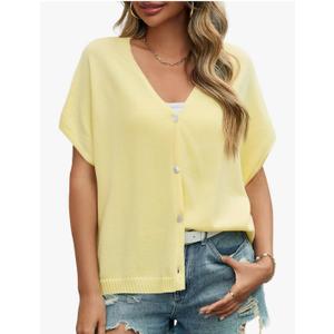 JUHEE Womens Oversized Summer Cardigan Tops Lightweight Going Out Cap Short Sleeve Button V-Neck Knit Casual Sweater Shirts , Extra Large, Yellow