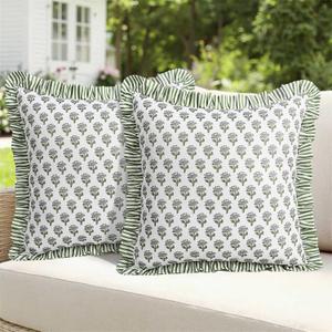 Cygnus Green Floral Outdoor Pillow Covers 18x18 Inch Waterproof Ruffle Decorative Spring Summer Throw Pillow Covers for Couch Patio Furniture Garden Bench Porch Outdoor Decor, Set of 2