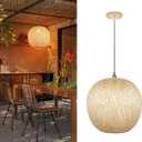 Arturesthome 15.7" Bamboo Pendant Lights, Round Wicker Chandelier, Hand-Woven Boho Basket Lampshade Hanging Ceiling Light for Kitchen Island Living Room