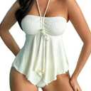 SOLY HUX Tankini Swimsuits for Women Drawstring Halter Bikini Two Piece Bathing Suits (Medium, Solid Beige)