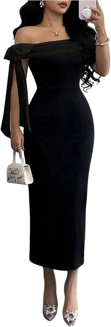 GORGLITTER Women's Bow Graduation Birthday Maxi Dress Elegant Summer Off Shoulder Wedding Guest Dinner Tea Party Dress (Large)