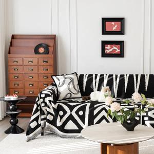 Boho Couch Cover, Chenille Couch Cover Soft Pet-Friendly Sofa Cover for Dog, Sofa Slipcover Multi-use Furniture Protector with Tassels,Washable Cover for 3 Cushion Sofa (71" x 118", Black)