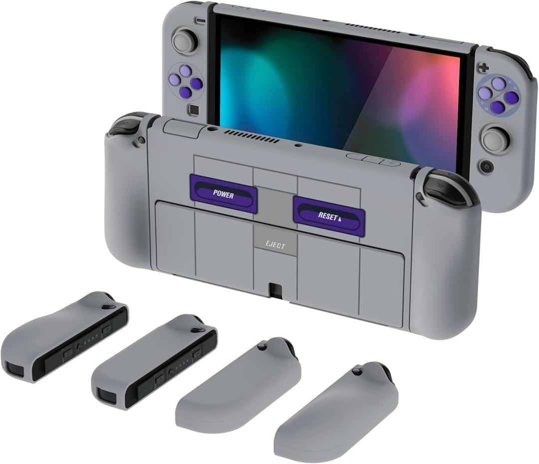 PlayVital AlterGrips Protective Slim Case for Nintendo Switch OLED, Ergonomic Grip Cover for Joycon, Dockable Hard Shell for Switch OLED w/Thumb Grip Caps & Button Caps (Classics SNES Style)