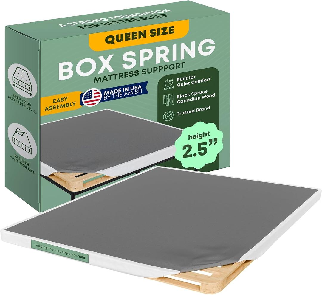 Treaton, Wood Box Spring Queen Size Bed Base, Under Mattress Support, Easy to Assemble, Fabric Cover-Replaces Wooden Slats for Bed Frames