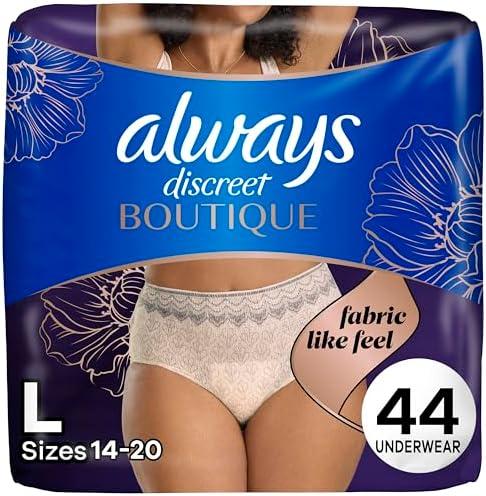 Always Discreet Boutique Incontinence and Postpartum Underwear for Women, Maximum Protection, Large, Rosy, 44 Count (2 Packs of 22)