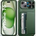BXYJY for iPhone 15, iPhone 14, iPhone 13 Wallet Case with Card Holder(4-5 Cards), Slide Camera Cover, Military & RFID Protection, Heavy Duty Women Men Protective Phone Case for iPhone15/14/13, Green