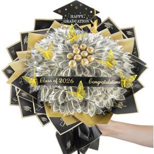 GRADESIN Class of 2026 Graduation Gift, Graduation DIY Money Bouquet with Butterflies Floral Wrapping Papper, Flower Bouquet Kit for Middle High School College DIY Grad Gift (Black Gold)
