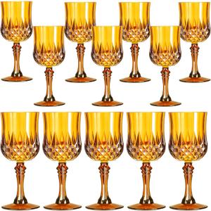XKXKKE 12 Pcs Amber Plastic Glasses, Plastic Water Goblets for Parties, Stemmed Drinking Glasses for Wedding Reception, Grand Event Party Bar Supplies Reusable Drinking Cups
