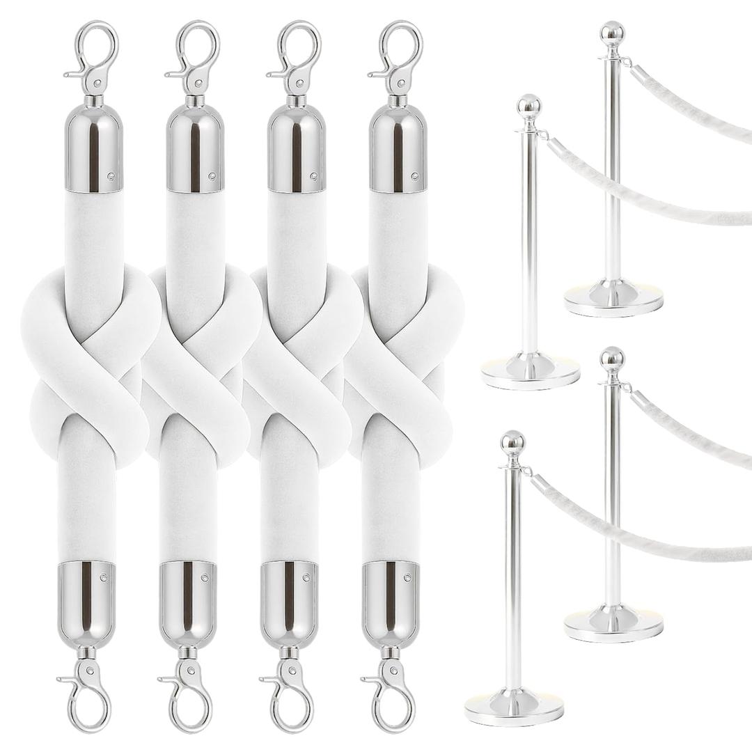4PCS White Velvet Rope 5FT – Soft Velvet Ropes with Silver Snap Ends Stanchion Set for VIP Rope Barrier Event Crowd Control