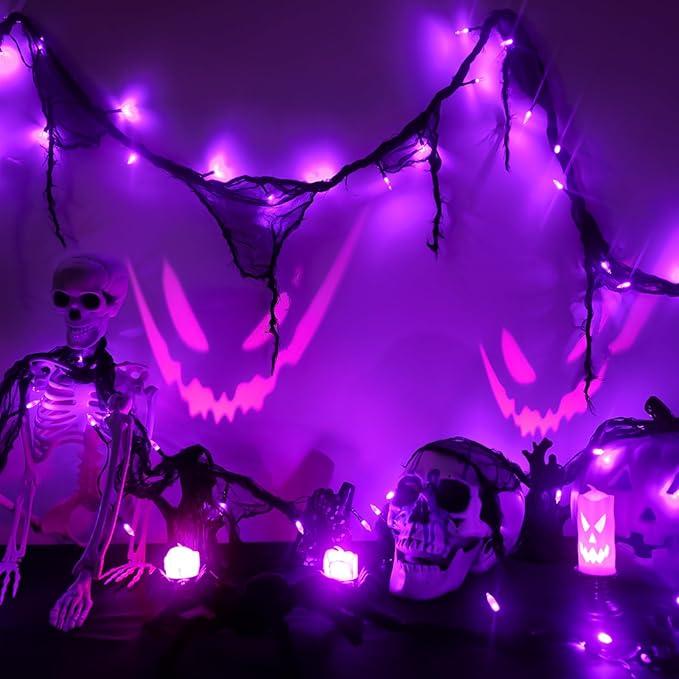 Halloween Horror Atmosphere Lights, Orange&Purple LED String Lights with 9.9FT Creepy Black Gauze, Battery Powered with Timer & 8 Flashing Modes (2 Pack Orange & Purple)