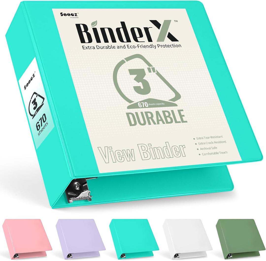 Sooez BinderX Extra Durable 3 Inch 3 Ring Binder, D-Ring Large Binder, Holds 670 Sheets of 8.5x11 Paper, Customizable View Cover with 2 Inside Pockets, Heavy Duty 3 Ring Binder for School, Teal