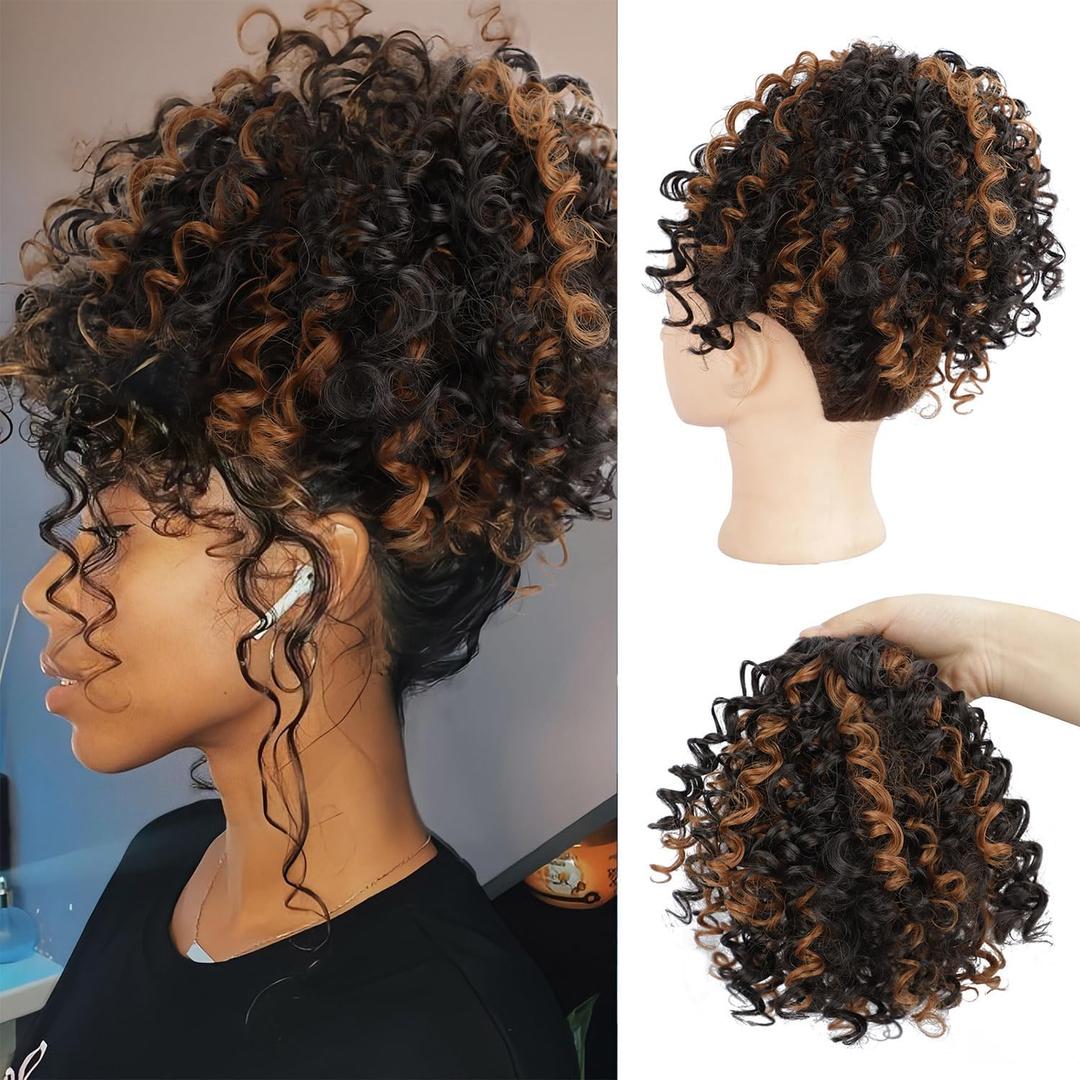 Curly Drawstring Ponytail Extension for Black Women Ponytail Extension Drawstring Ponytail Curly Hair Extensions for Women Short Ponytail for Black Women(Black with Caramel Brown) (2H30)