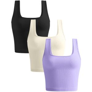 KIKIMINK Womens Crop Tank Tops 3 Pack Seamless Ribbed Sleeveless Square Neck Workout Yoga Gym Shirts Fitted Basic Camisole - Black White Purple Small (S)